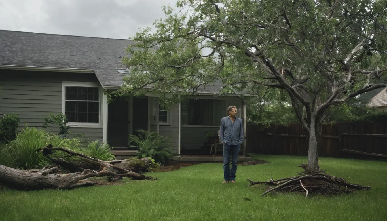 A homeowner checking a leaning tree near the roof after a summer storm in the St. Petersburg area